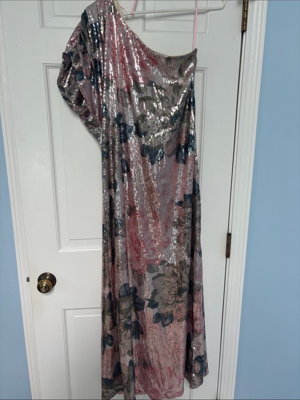 One-Shoulder Sequin Floral Evening Dress in Pink and Navy